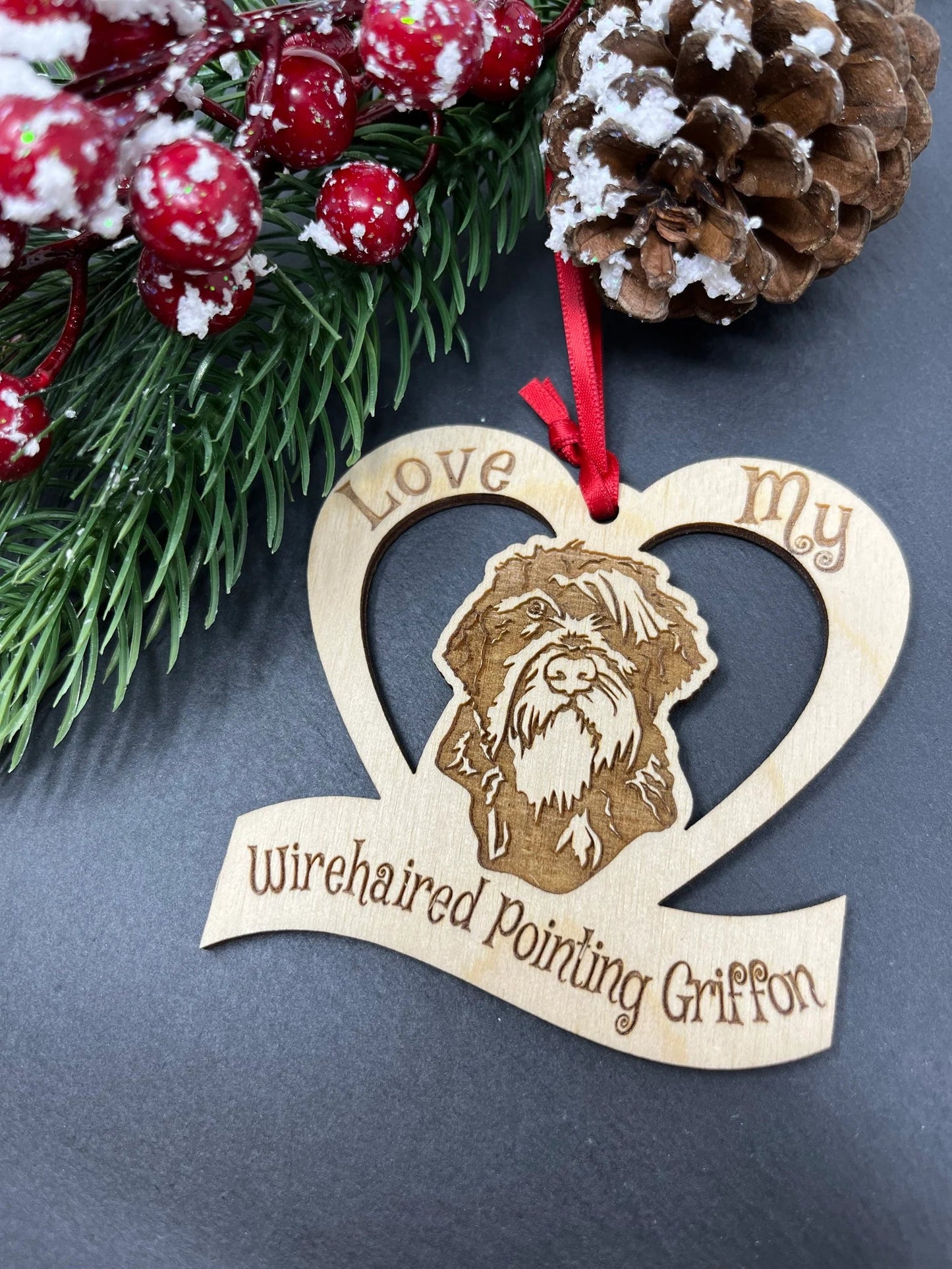 Love My Wirehaired Pointing Griffon β Laser Engraved Wooden Heart Ornament