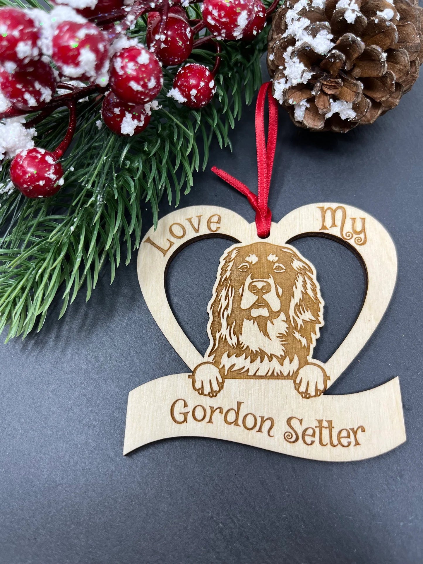 Love My Gordon Setter β Laser Engraved Wooden Heart Ornament