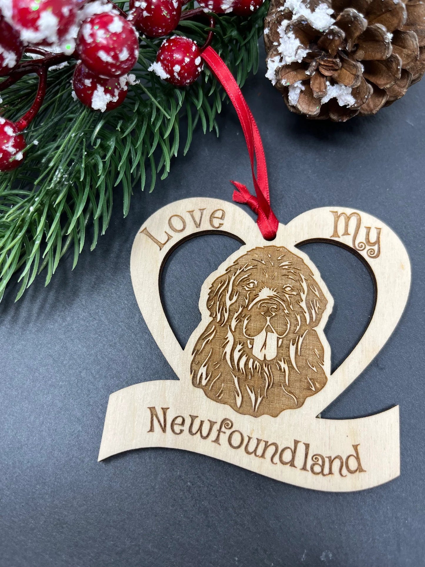 Love My Newfoundland β Laser Engraved Wooden Heart Ornament