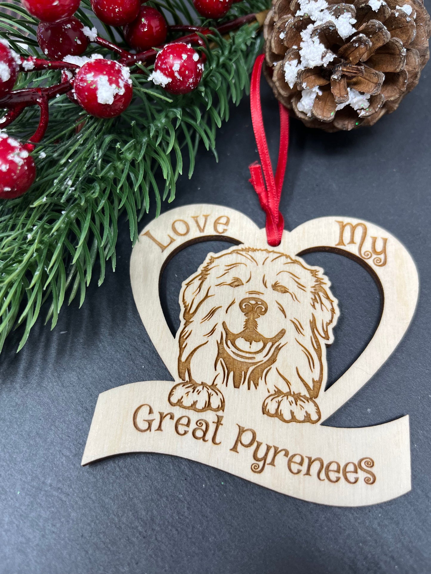 Love My Great Pyrenees β Laser Engraved Wooden Heart Ornament