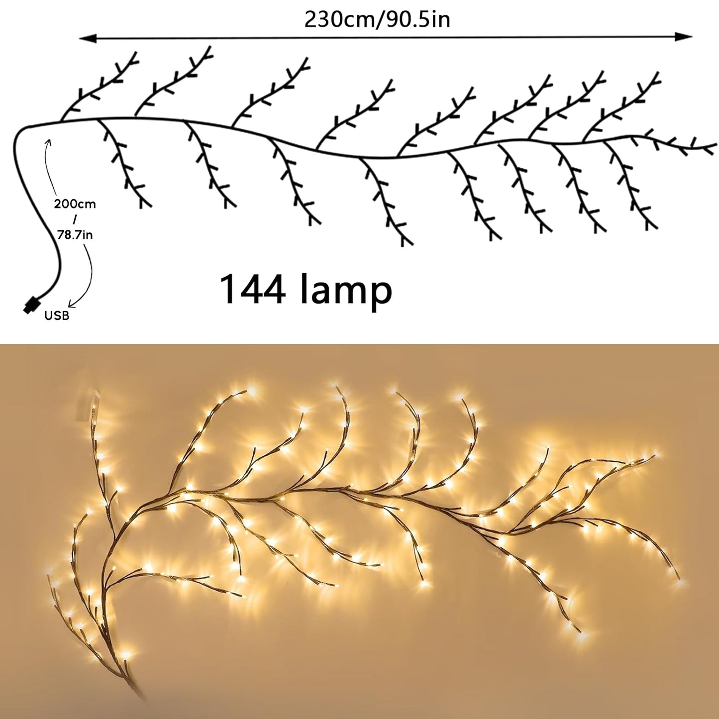 7.55 ft USB Flexible Branch Wall Lights – 144 LED Indoor Vine Decor