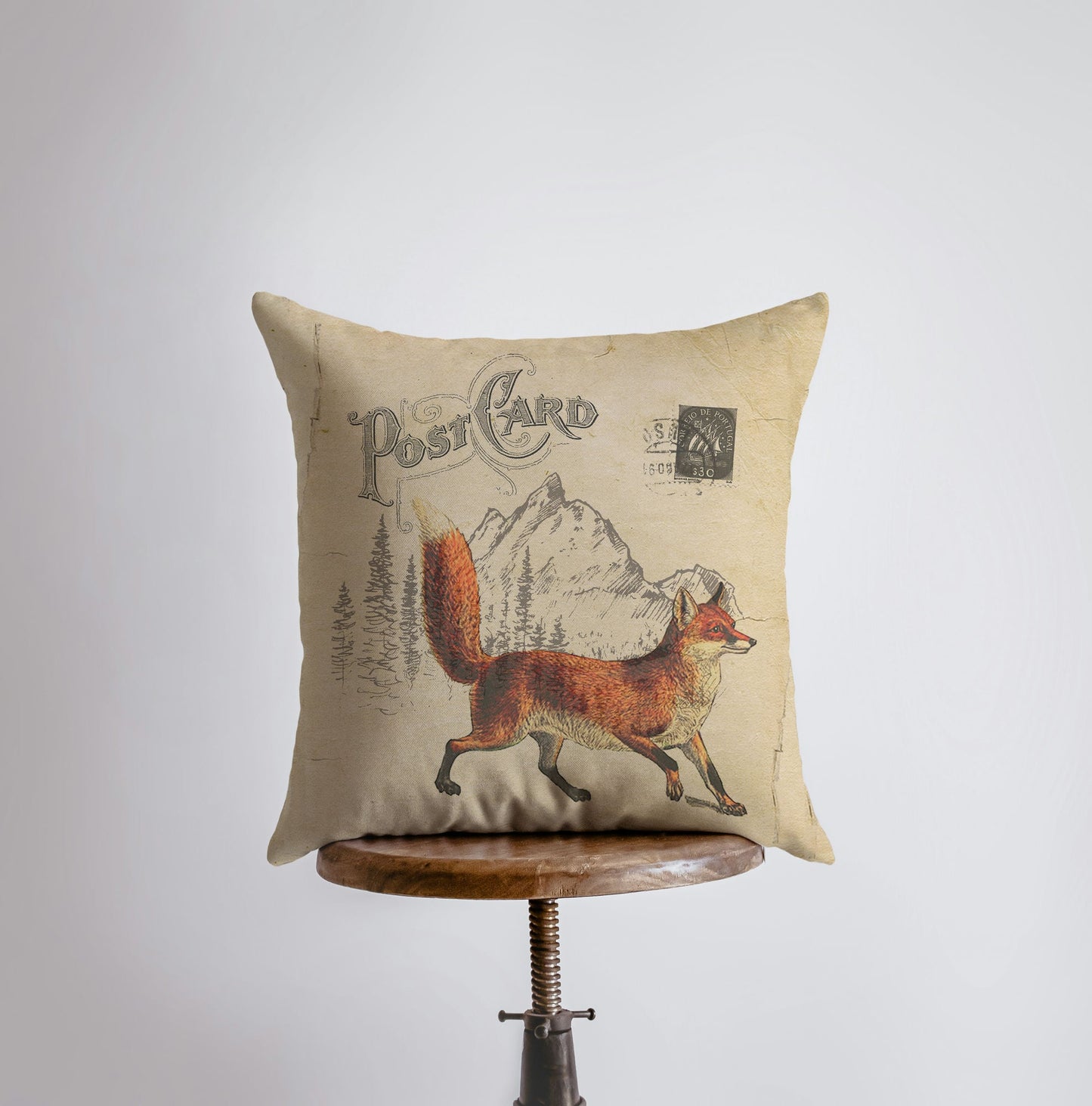 Fox Postcard Throw Pillow Cover – Farmhouse & Woodland Décor