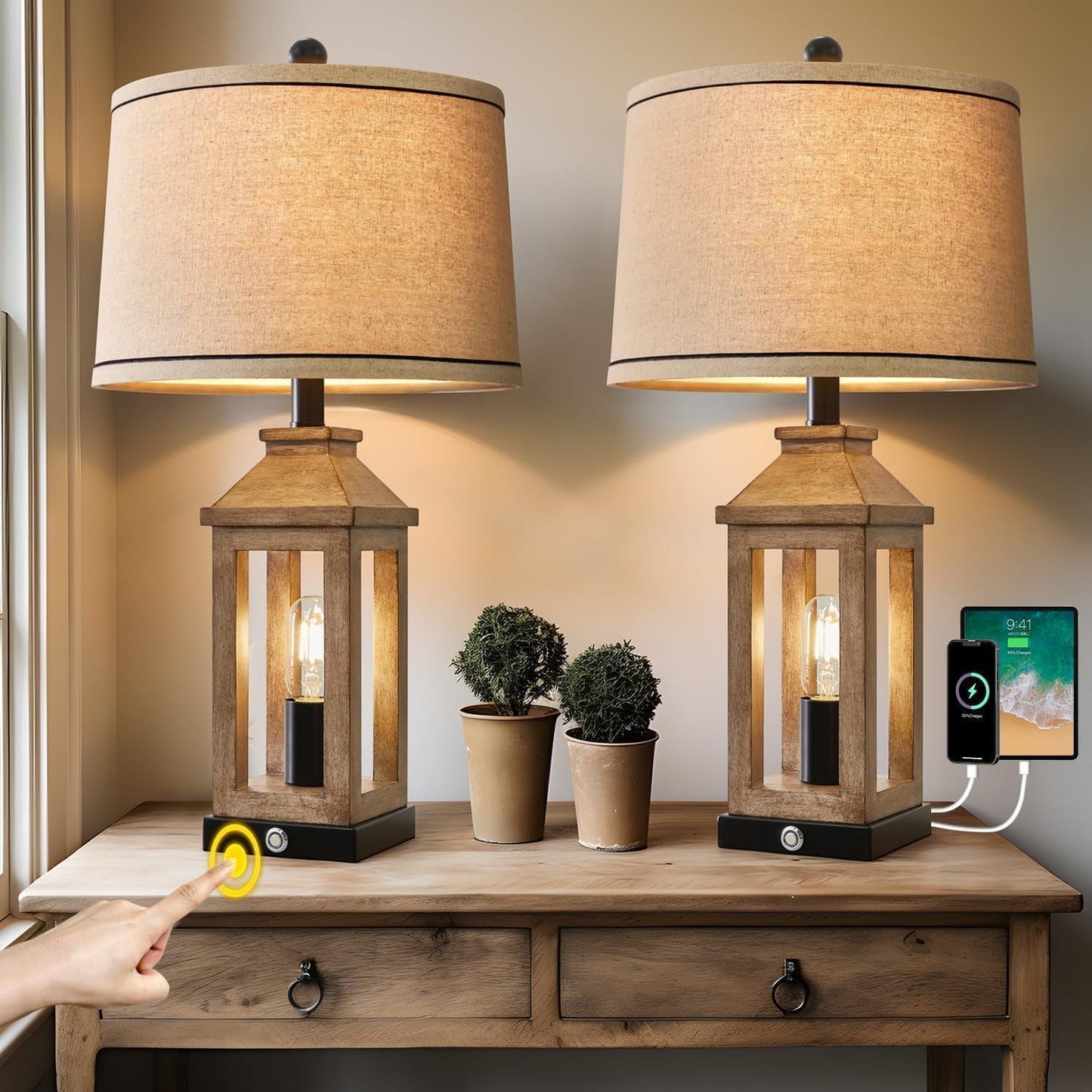 Farmhouse Touch Control Table Lamps – Set of 2 Dimmable Dual-Light with USB