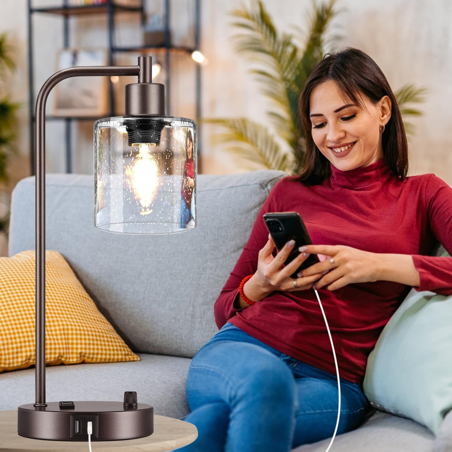 Industrial Oil-Rubbed Bronze Table Lamps – Set of 2, Stepless Dimmable with USB Ports