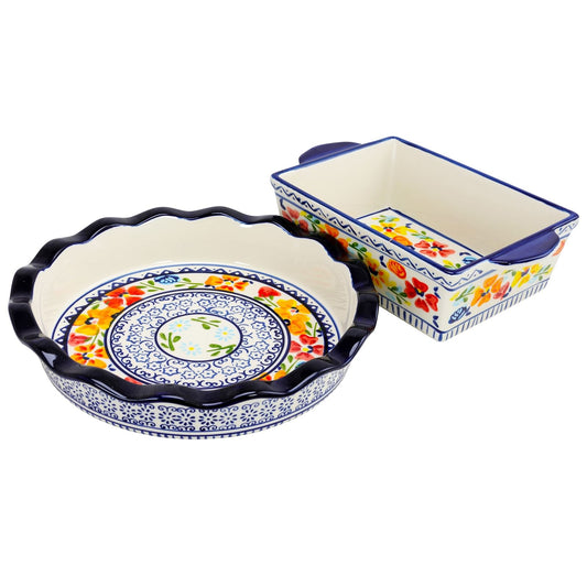 Gibson Luxembourg 10.5" Pie Dish & 10" Bakeware Set – Vintage Floral Stoneware