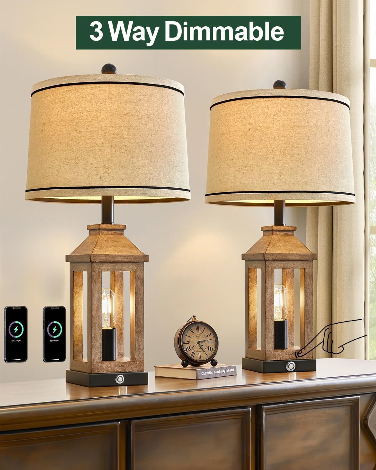 Farmhouse Touch Control Table Lamps – Set of 2 Dimmable Dual-Light with USB