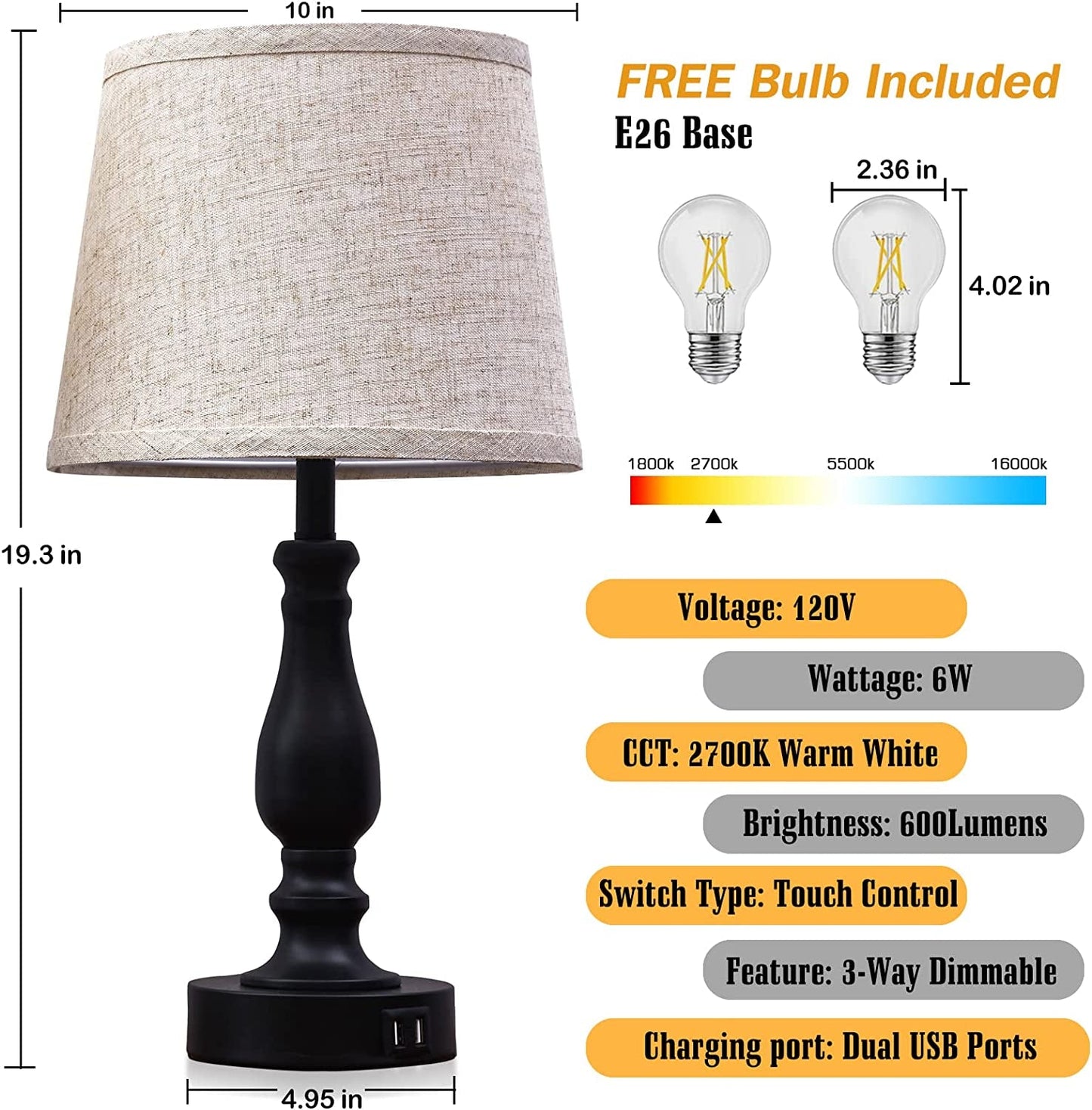 Table Lamps for Bedroom – Set of 2 with USB Charging Ports