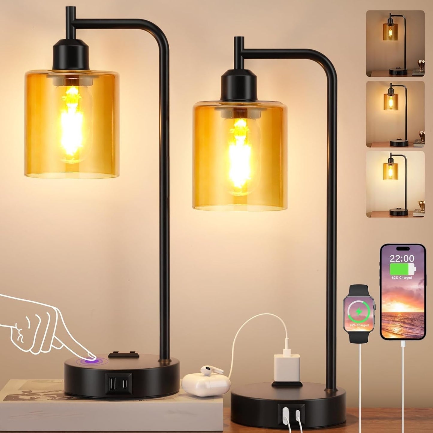 Industrial Touch Nightstand Lamps – Set of 2, 3-Way Dimmable with USB & AC Outlet