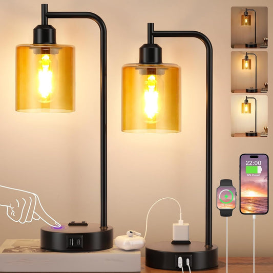Industrial Touch Nightstand Lamps – Set of 2, 3-Way Dimmable with USB & AC Outlet