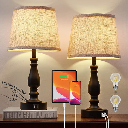 Table Lamps for Bedroom – Set of 2 with USB Charging Ports