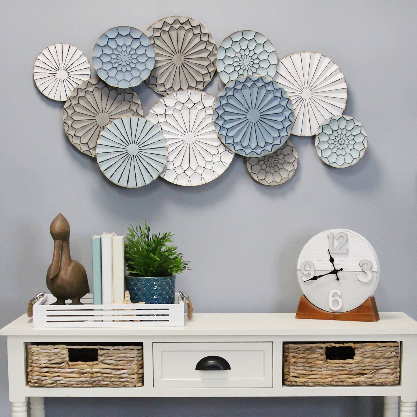 Boho Blue Green Ivory Metal Plates Wall Decor – Handcrafted & Textured