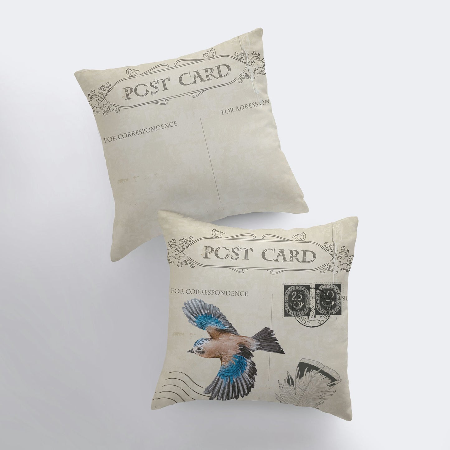 Vintage Bird Postcard Throw Pillow Cover