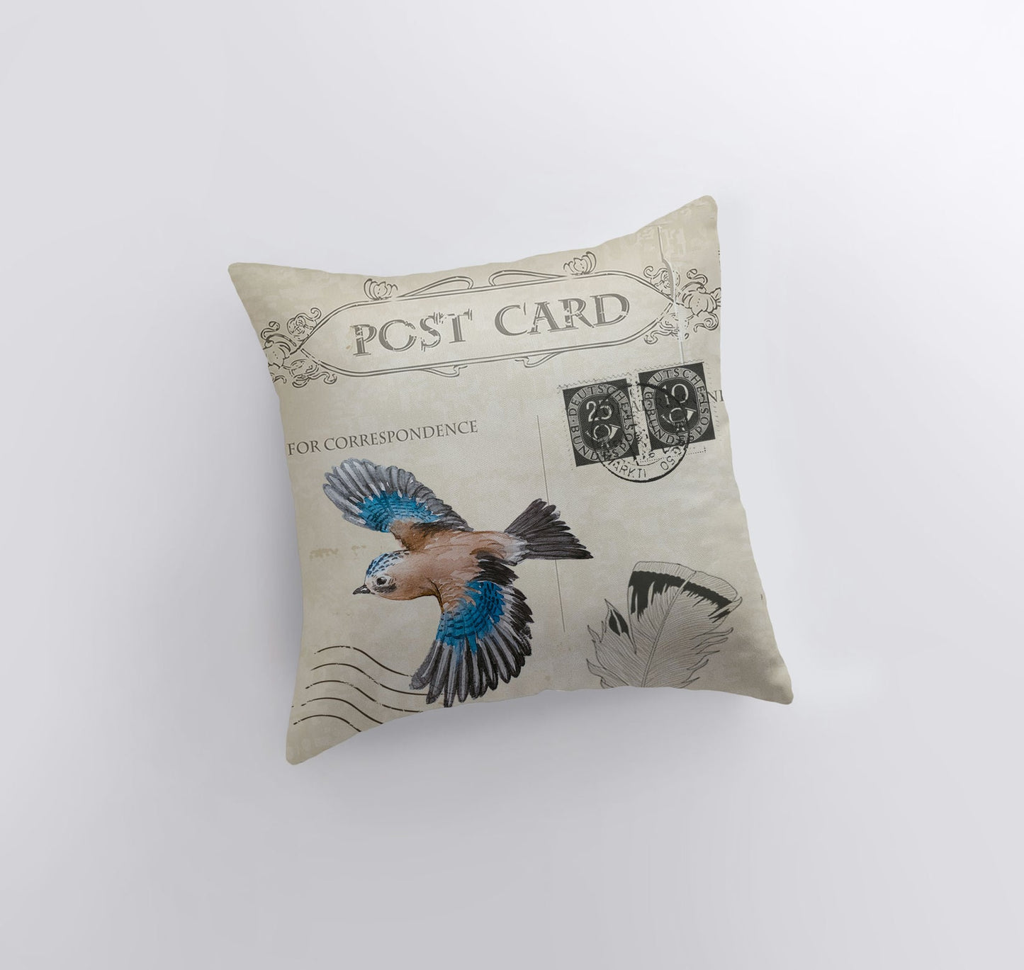 Vintage Bird Postcard Throw Pillow Cover
