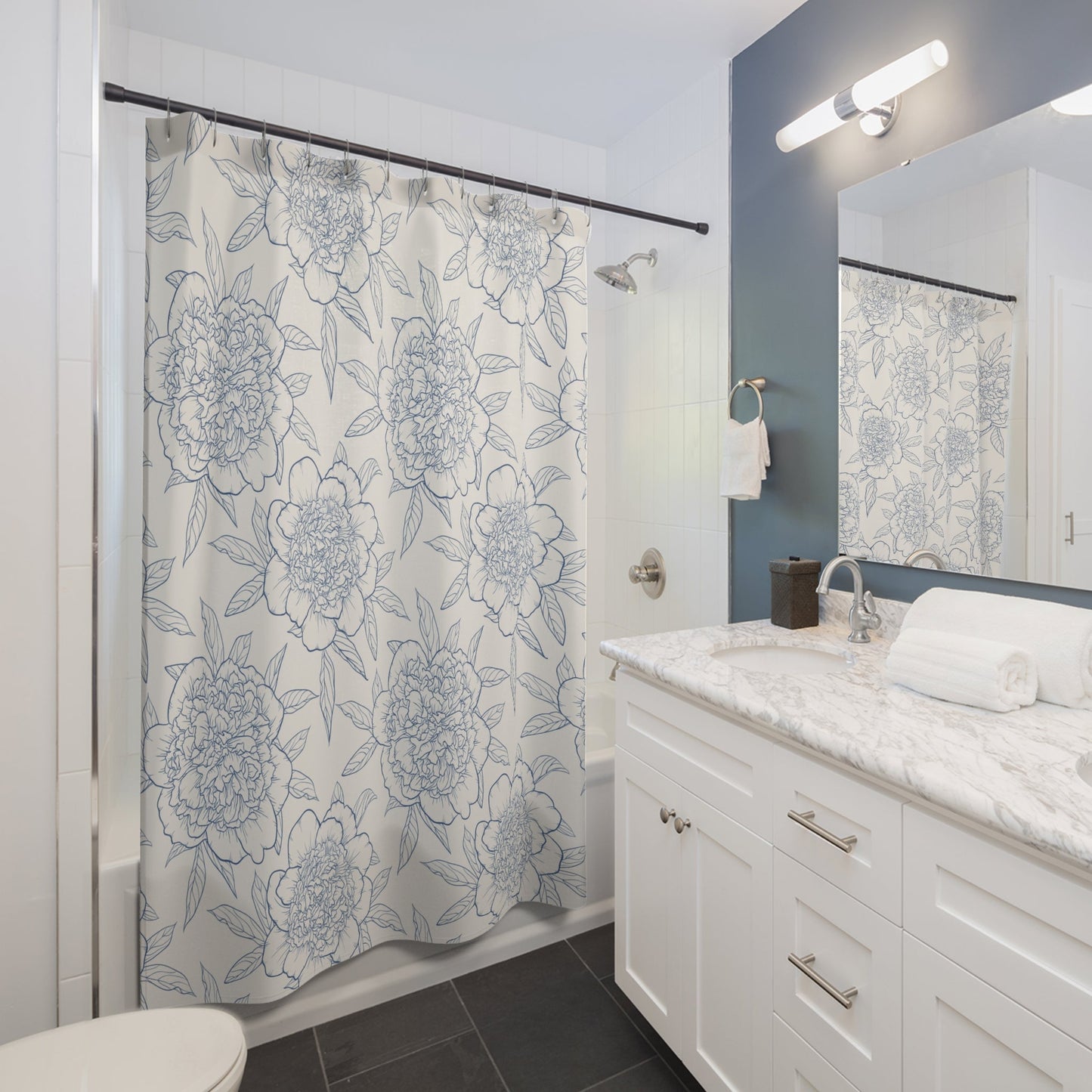 Blue Floral Outline – Elegant Botanical Shower Curtain