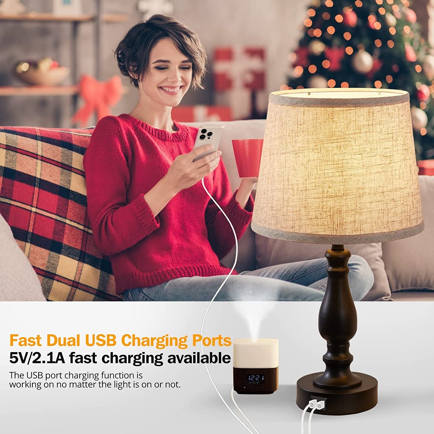 Table Lamps for Bedroom – Set of 2 with USB Charging Ports