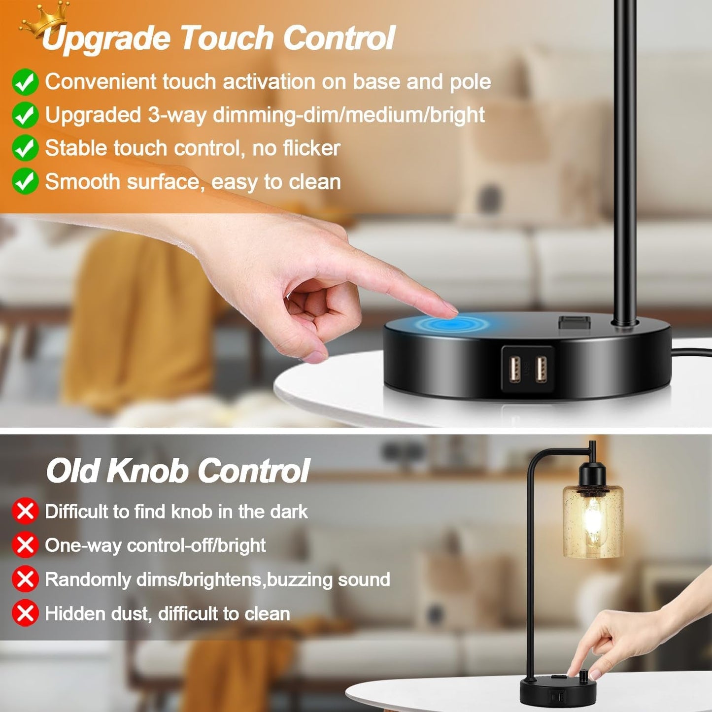 Industrial Touch Control Table Lamps – Set of 2 Dimmable with Dual USB & AC Outlet