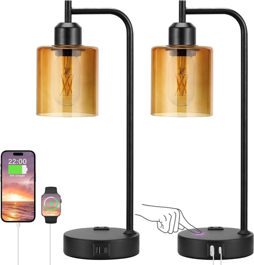 Industrial Touch Nightstand Lamps – Set of 2, 3-Way Dimmable with USB & AC Outlet
