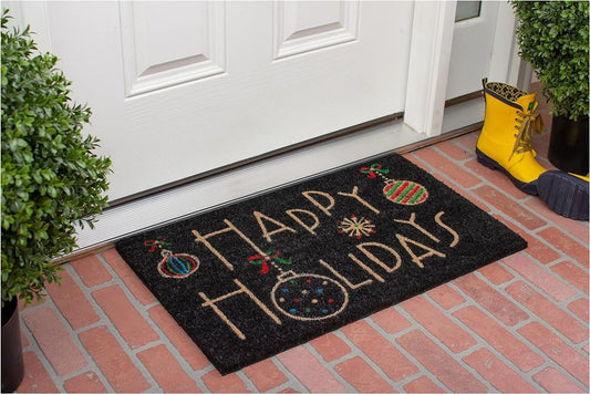 Happy Holidays – 24" x 36" Black & Natural Coir Outdoor Christmas Door Mat