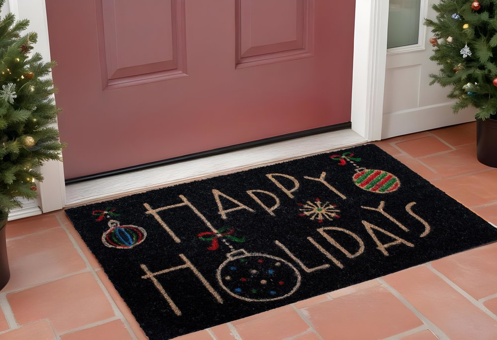 Happy Holidays – 24" x 36" Black & Natural Coir Outdoor Christmas Door Mat