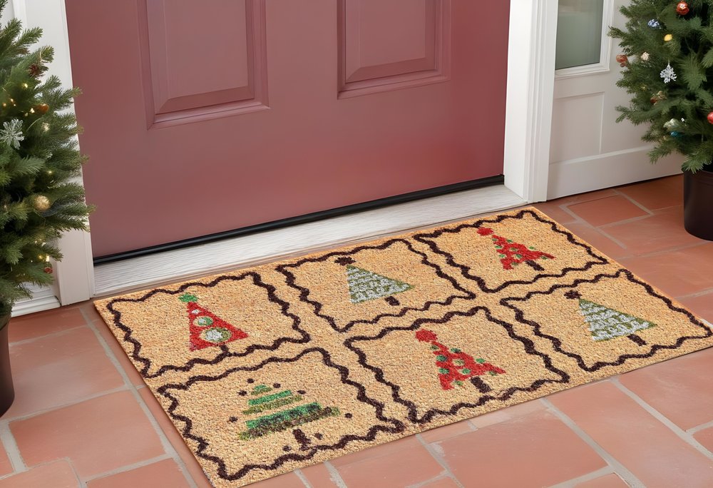 Natural, Red & Black Christmas Trees – 17" x 29" Outdoor Coir Door Mat
