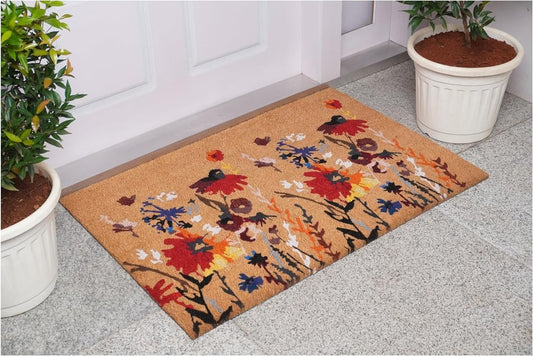 24" x 36" Natural Red and Yellow Coir Floral Outdoor Door Mat