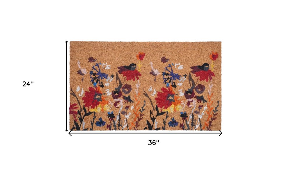 24" x 36" Natural Red and Yellow Coir Floral Outdoor Door Mat