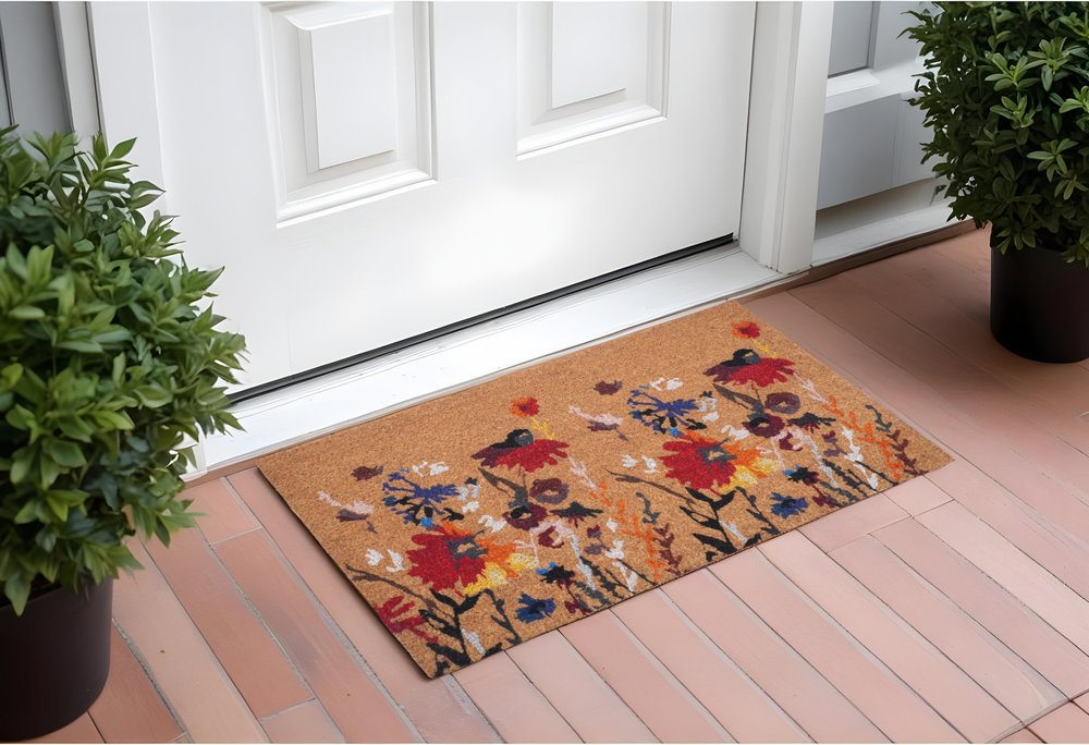 24" x 36" Natural Red and Yellow Coir Floral Outdoor Door Mat