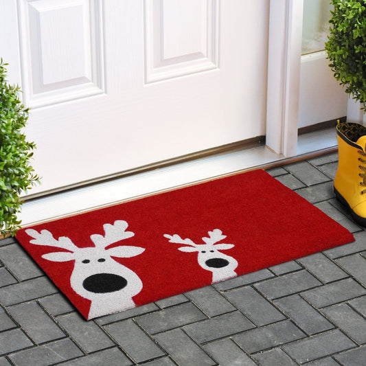 Red & White Reindeer – 17" x 29" Outdoor Christmas Coir Door Mat