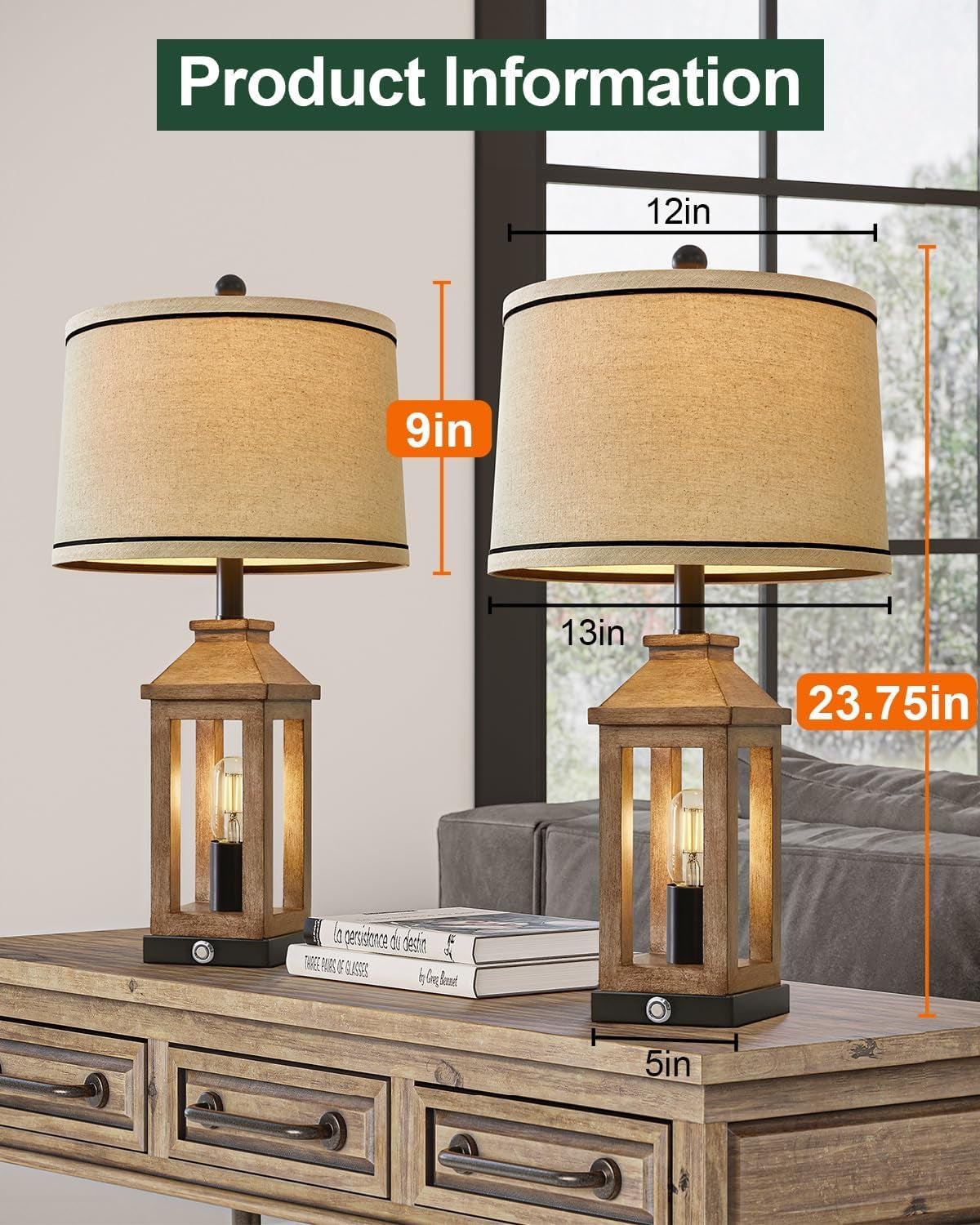 Farmhouse Touch Control Table Lamps – Set of 2 Dimmable Dual-Light with USB
