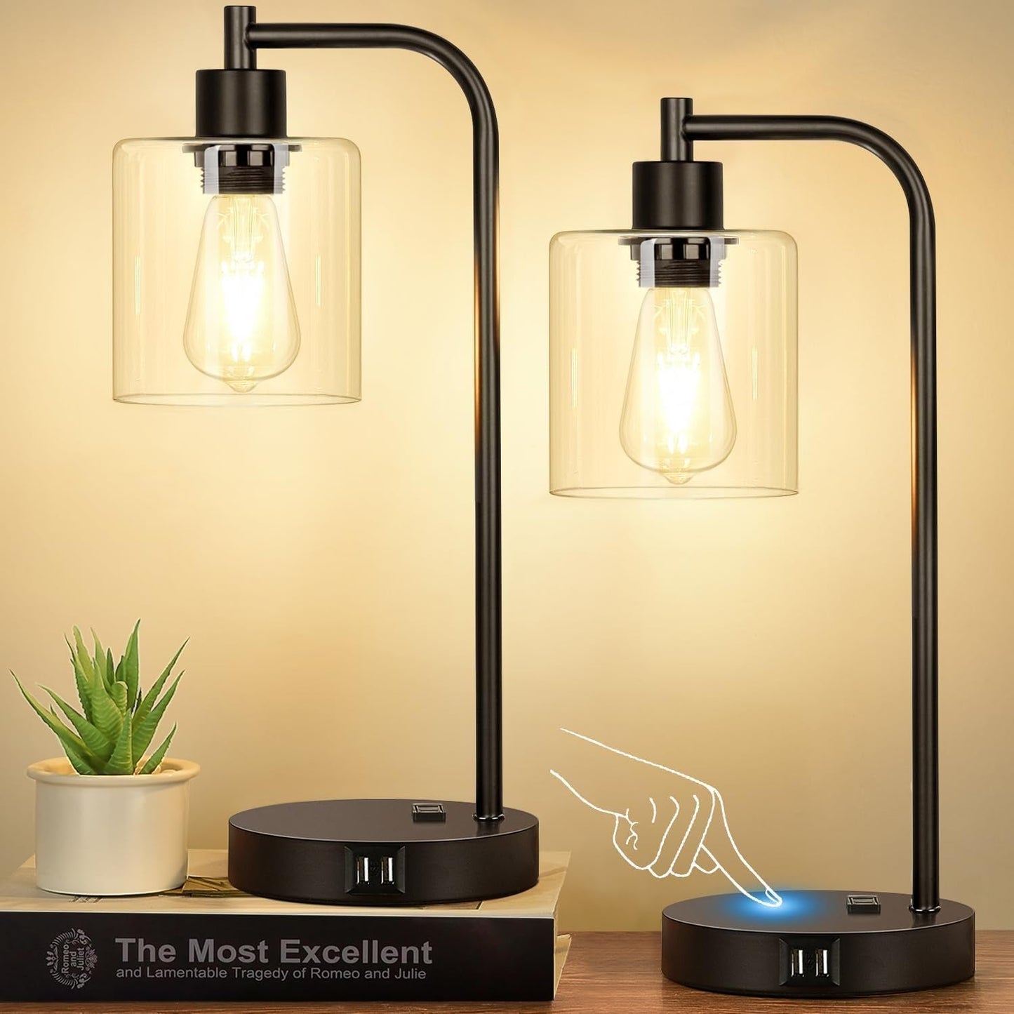 Industrial Touch Control Table Lamps – Set of 2 Dimmable with Dual USB & AC Outlet