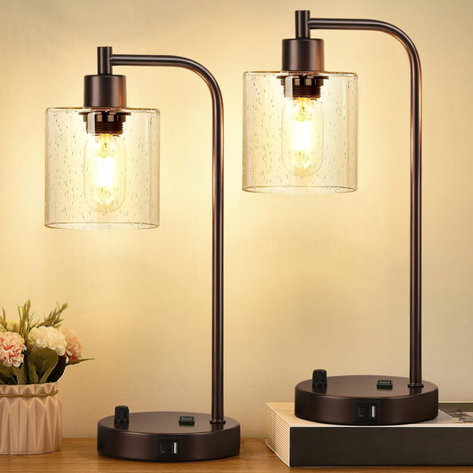 Industrial Oil-Rubbed Bronze Table Lamps – Set of 2, Stepless Dimmable with USB Ports