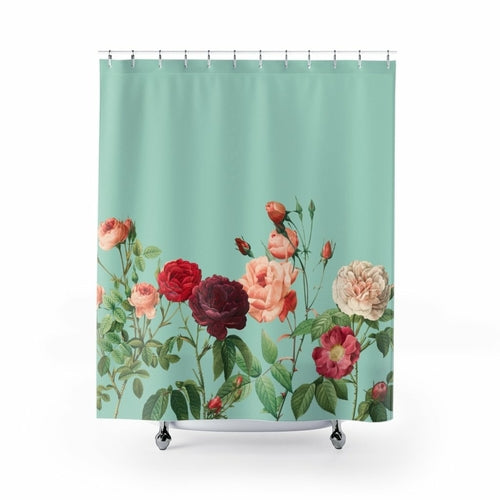 Rose Garden in Teal – Elegant Floral Shower Curtain
