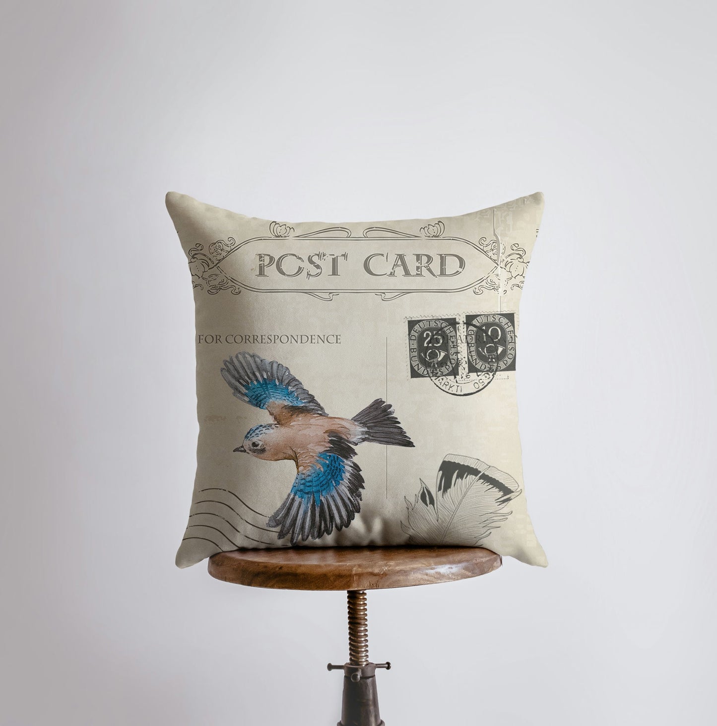 Vintage Bird Postcard Throw Pillow Cover