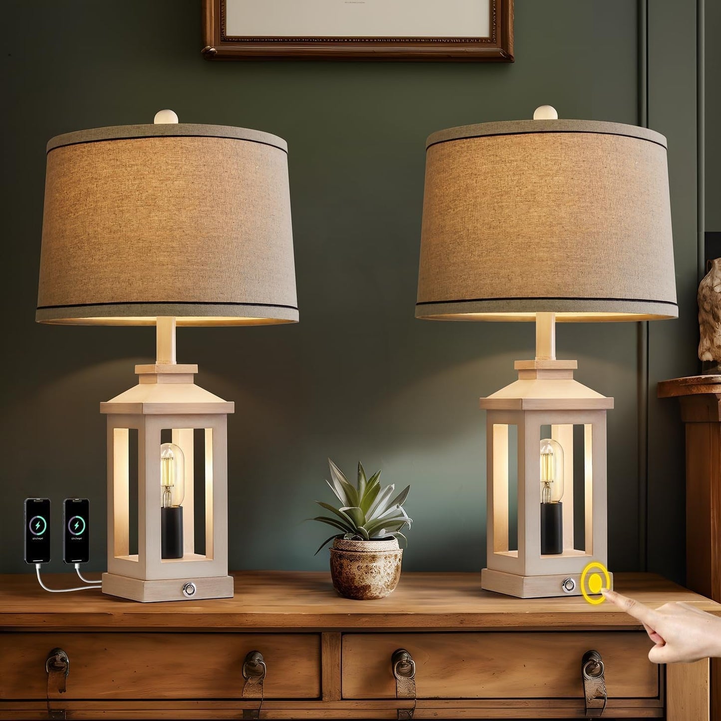 White Farmhouse Touch Lamps – Set of 2 Dimmable Dual-Light with USB