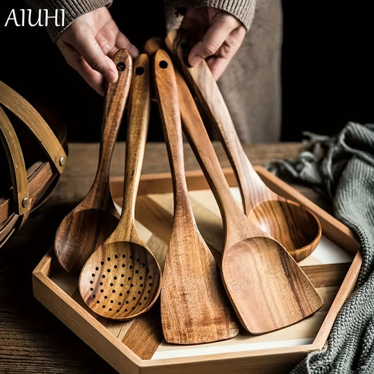 5-Piece Premium Wooden Utensil Set for Non-Stick Cookware