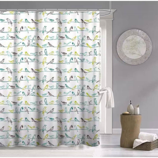 72-inch Cotton Shower Curtain – Teal, Beige & Black Birds