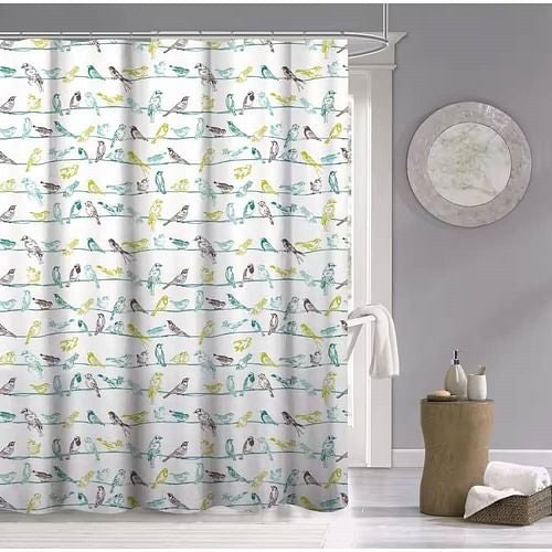 72-inch Cotton Shower Curtain – Teal, Beige & Black Birds