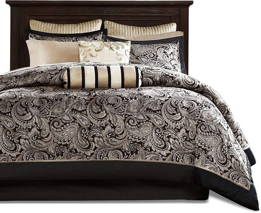 King 12-Piece Comforter Set – Black Gold Paisley