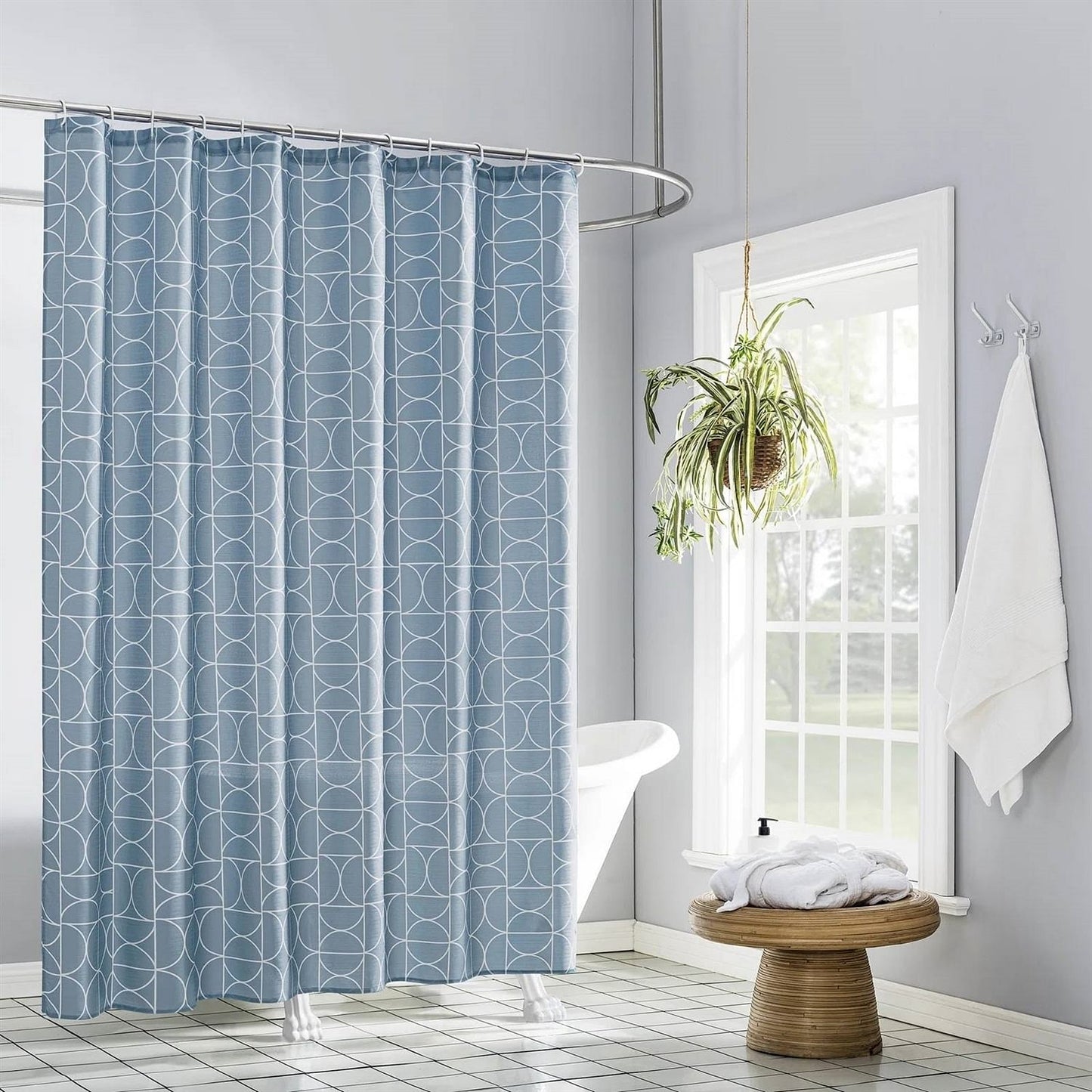 72" Blue & White Circles Shower Curtain – Modern Semicircle Pattern
