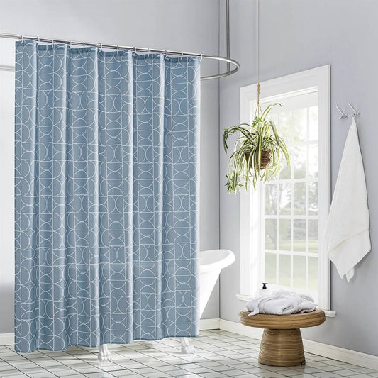 72" Blue & White Circles Shower Curtain – Modern Semicircle Pattern