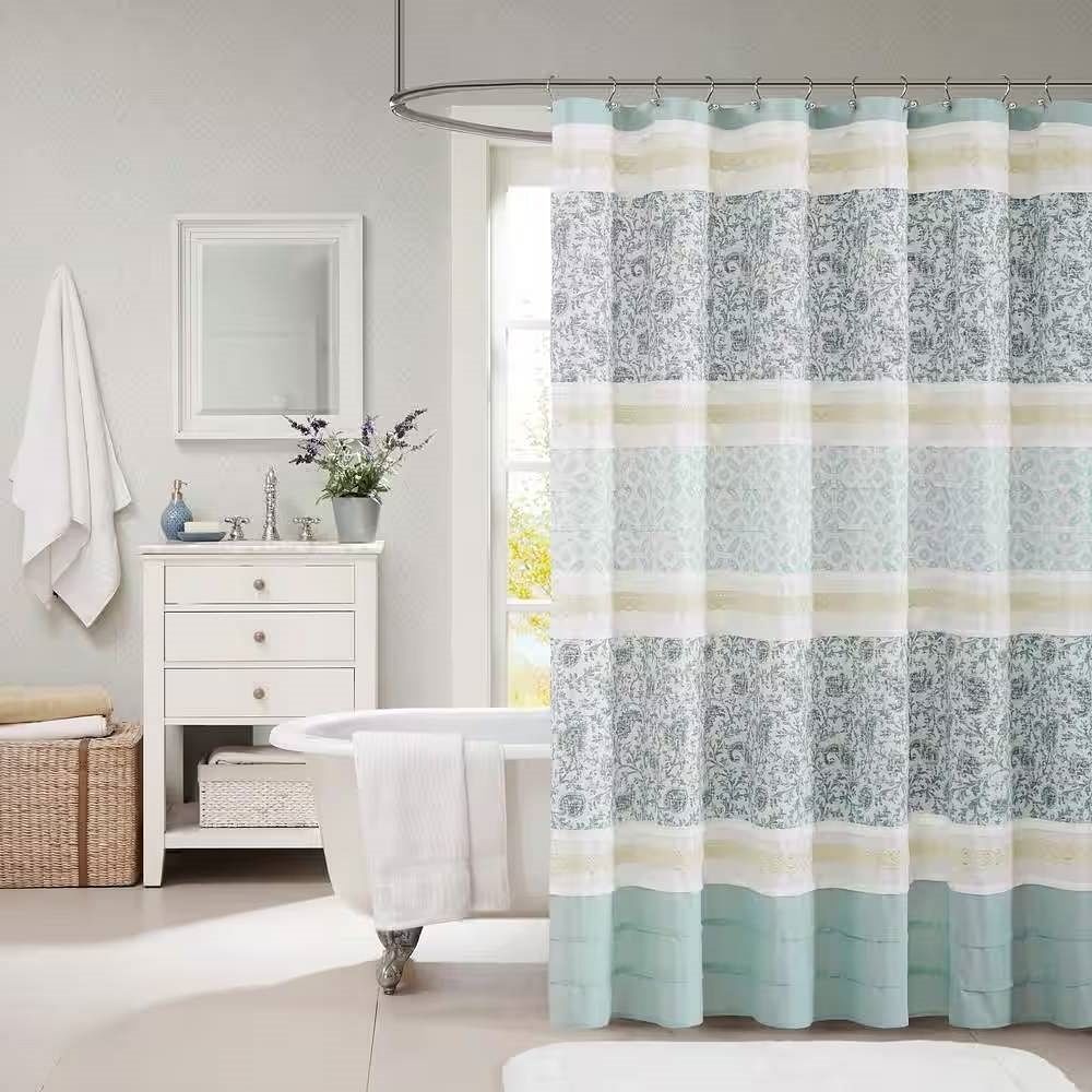 72" Cotton Shower Curtain – Teal, Blue, Grey, Cream & White Paisley