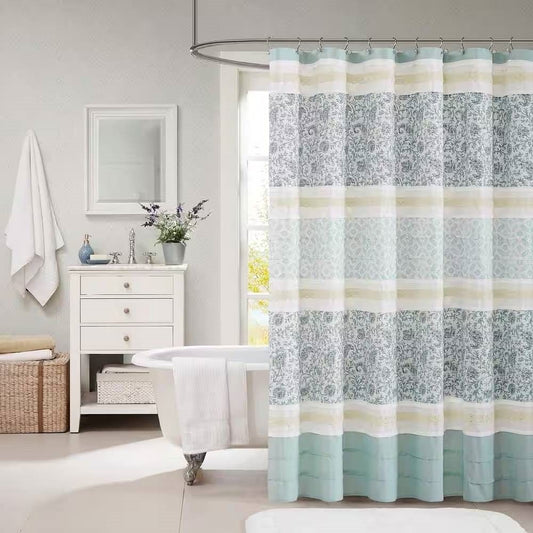 72" Cotton Shower Curtain – Teal, Blue, Grey, Cream & White Paisley