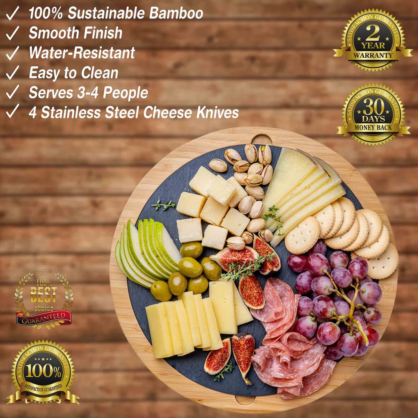 Round Bamboo Cheese Board with Knife Set & Removable Slate – 12"