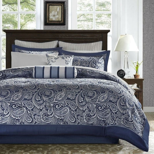 California King 12-Piece Reversible Microfiber Comforter Set – Navy Blue & White