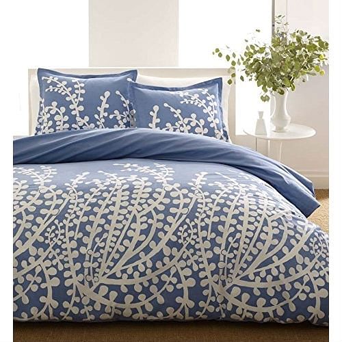 Full/Queen 100% Cotton 3-Piece Comforter Set – Blue & White Floral Branch Pattern