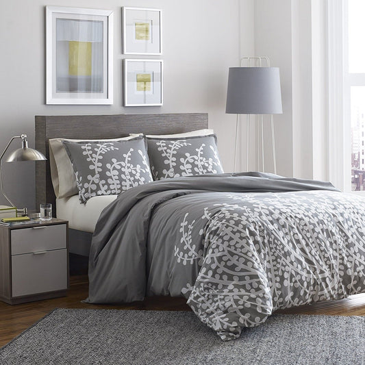 Grey & White Floral Branch Comforter Set – 100% Cotton (Full/Queen)