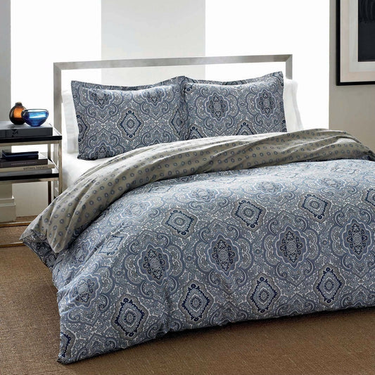 King 100% Cotton 3-Piece Comforter Set – Blue & Grey Damask Pattern
