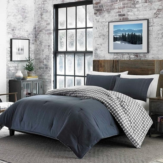 Full/Queen 100% Cotton Reverse Plaid Comforter Set – Gray & White