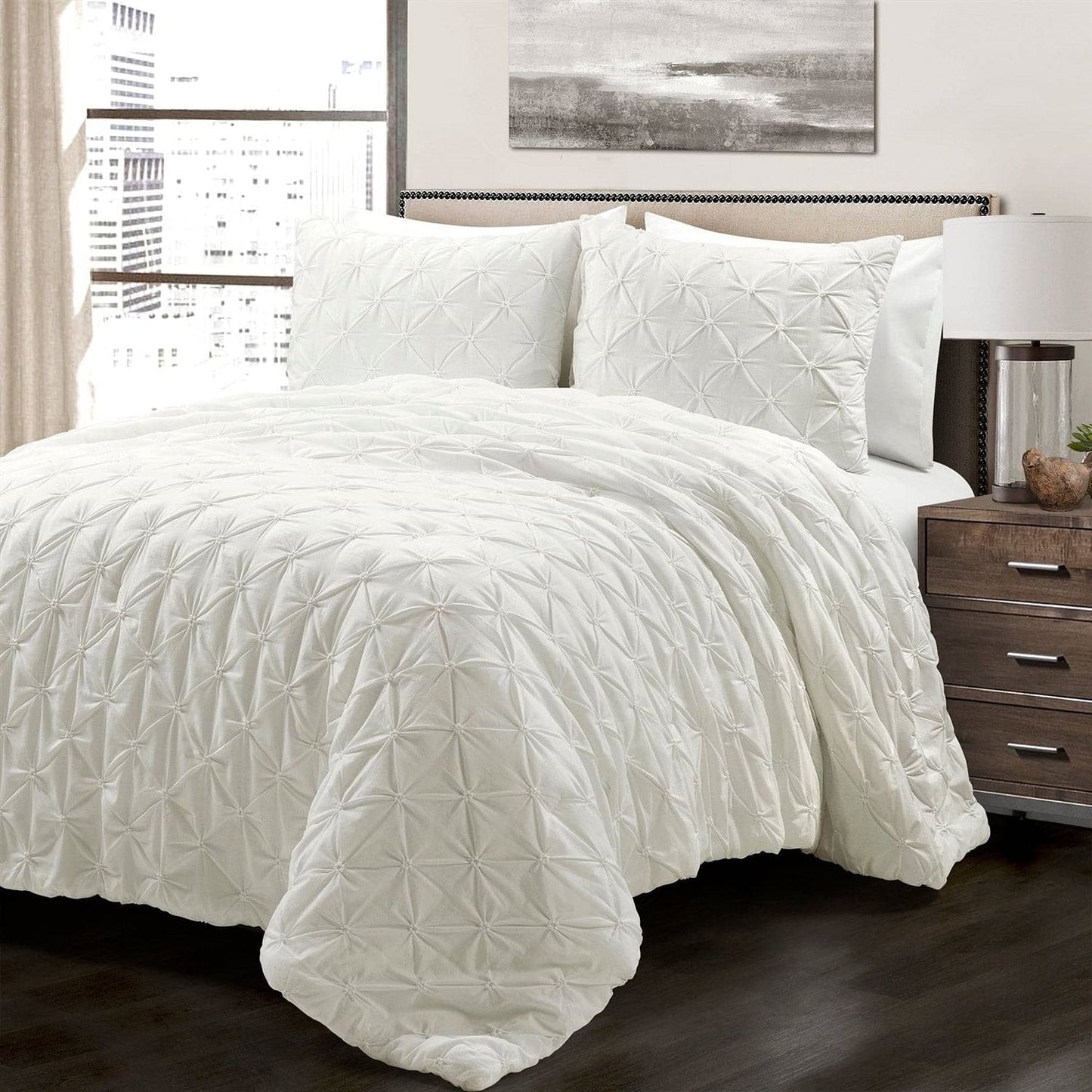 King Size Soft Pleated Cotton 3-Piece Comforter Set – White