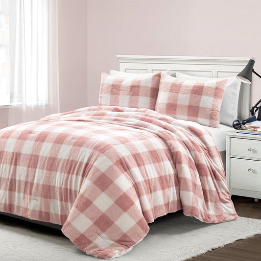 Plaid Soft Faux Fur Comforter Set – Pink Blush (Full/Queen, 3-Piece)